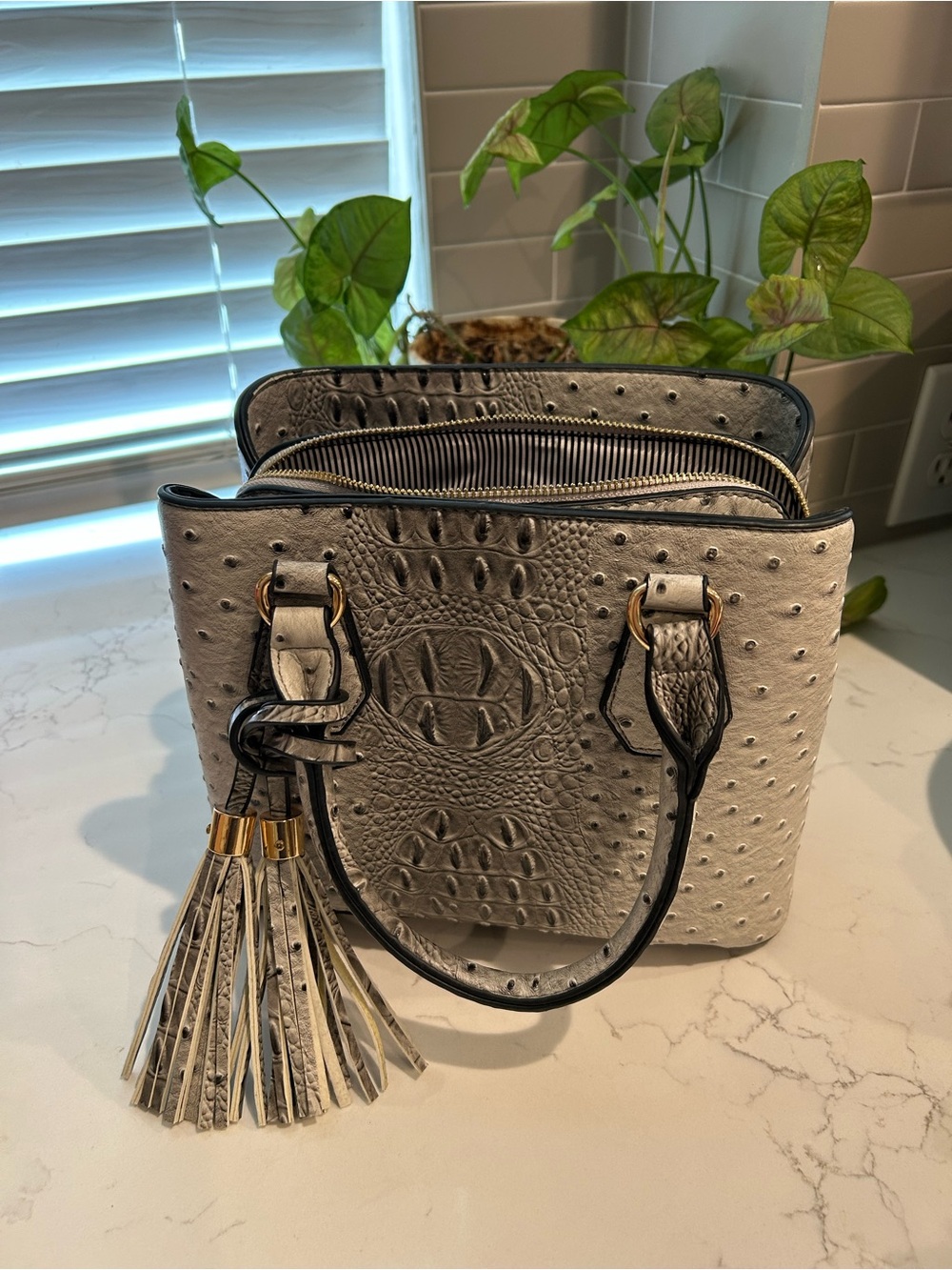 Structured Gray Ostrich-Texture Satchel with Tassel